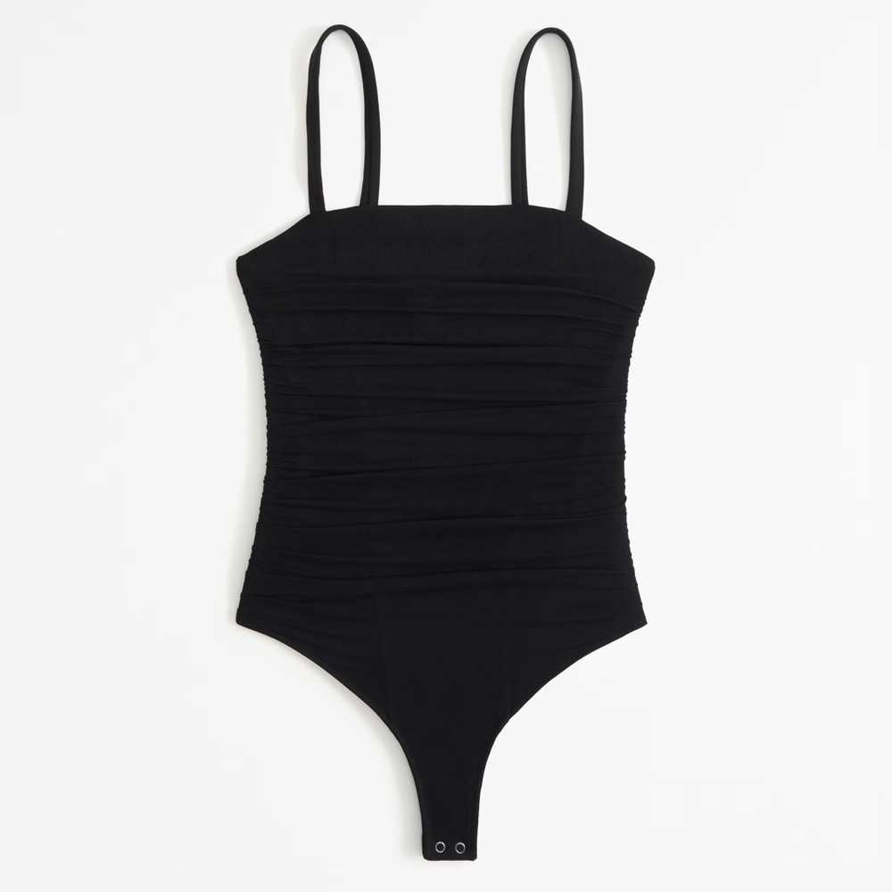 Abercrombie & Fitch Black Mesh Crepe Ruched Squareneck Bodysuit, Size Small - Picture 5 of 9